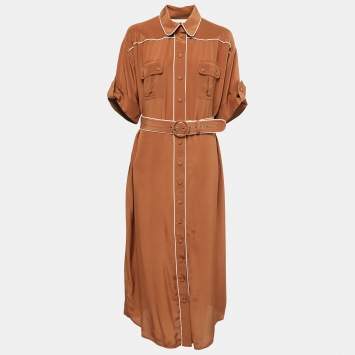 Pre Owned Zimmermann Brown Silk Belted Midi Shirt Dress L
