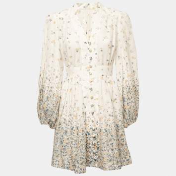 Pre Owned Zimmermann White Floral Printed Linen Mini Dress M