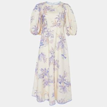 Pre Owned Zimmermann Cream Floral Printed Linen Puff Sleeve Midi Dress XS