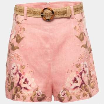 Pre Owned Zimmermann Pink Floral Printed Linen Belted Shorts M