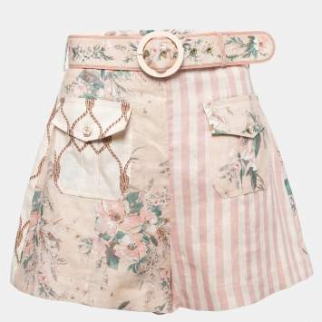 Pre Owned Zimmermann Light Pink Mixed Print Linen Belted Shorts M