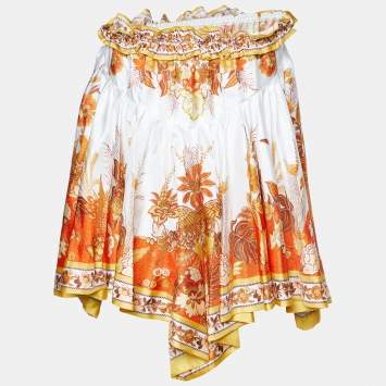 Pre Owned Zimmermann White Floral Printed Silk High Low Hem Mini Skirt S