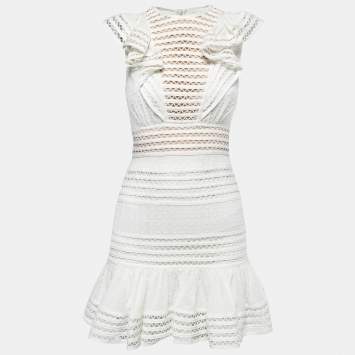 Pre Owned Zimmermann White Cotton & Lace Ruffled Mini Dress S