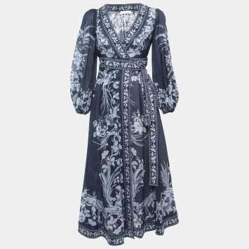 Pre Owned Zimmermann Blue Printed Cotton Wrap Dress S
