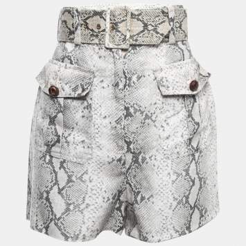 Pre Owned Zimmermann Grey/White Snake Printed Linen Belted High Waist Shorts M
