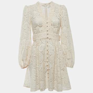 Pre Owned Zimmermann Off-White Patterned Knit Button Front V-Neck Mini Dress M