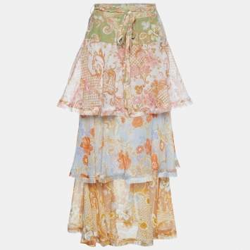 Pre Owned Zimmermann Multicolor Floral Printed Cotton & Silk Ruffled Postcard Belted Midi Skirt S
