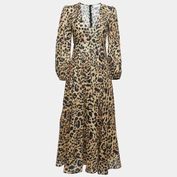 Pre Owned Zimmermann Mustard Yellow Leopard Print Linen Flared Midi Dress S