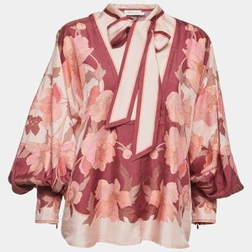 Pre Owned Zimmermann Pink/Burgundy Floral Printed Silk Tie-Neck Blouse M