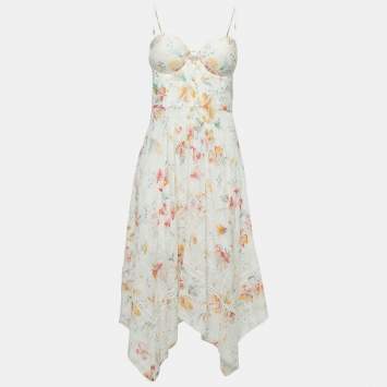 Pre Owned Zimmermann White Floral Printed Cotton Bustier Midi Dress L
