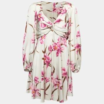Pre Owned Zimmermann Cream Floral Printed Silk Twist Knot Dress XL