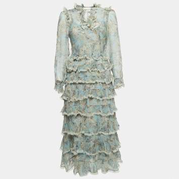 Pre Owned Zimmermann Blue Paisley Print Silk Tiered Ladybeetle Midi Dress M