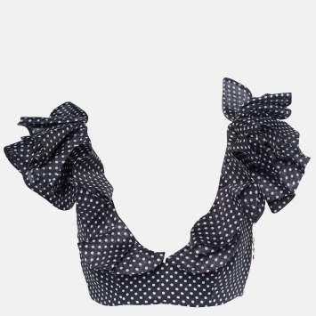 Pre Owned Zimmermann Black Polka Dot Printed Linen Ruffled Crop Top M