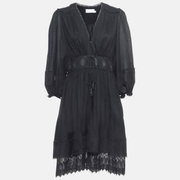 Pre Owned Zimmermann Black Dotted Cotton Waist Tie Detailed Mini Dress L