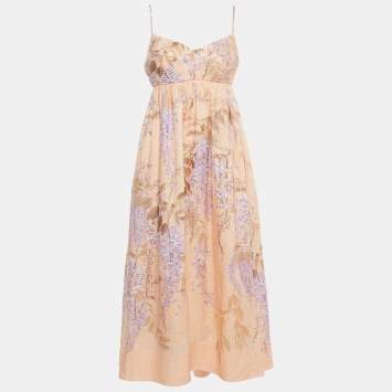 Pre Owned Zimmermann Light Orange Floral Print Linen Bralette Midi Dress L