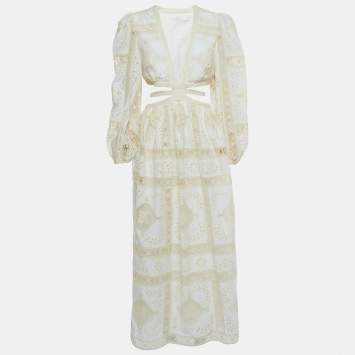 Pre Owned Zimmermann White Broderie Anglaise Cotton Cutout Tie-Front Midi Dress L