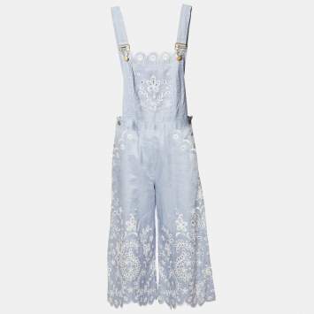 Pre Owned Zimmermann Blue Clover Broderie Anglaise Linen Cropped Jumpsuit M