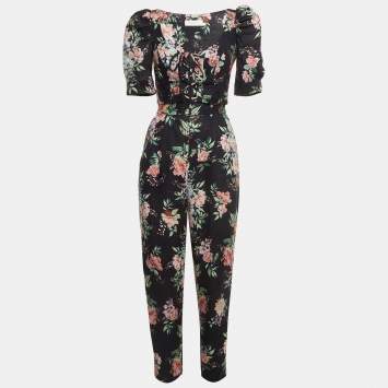 Pre Owned Zimmermann Black Floral Print Linen Lace-Up Crop And Pant Set S