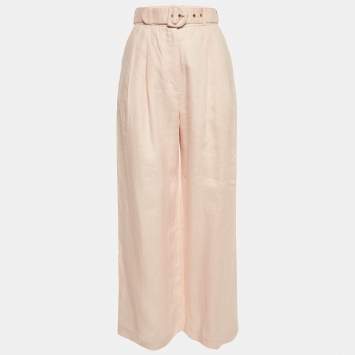 Pre Owned Zimmermann Pink Linen Wide Leg Belted Trousers S