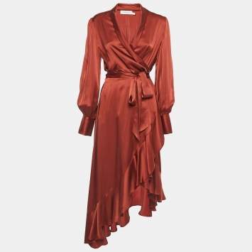Pre Owned Zimmermann Brown Silk Wrap On Midi Dress M