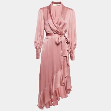 Pre Owned Zimmermann Pink Silk Wrap On Midi Dress M