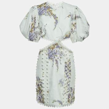 Pre Owned Zimmermann White Floral Printed Linen Cutout Mini Dress L