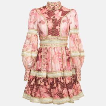 Pre Owned Zimmermann Pink/Red Printed Linen & Silk Mini Dress M