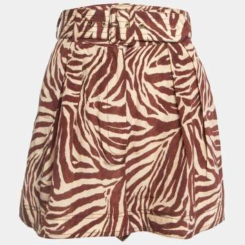 Pre Owned Zimmermann Brown Zebra Print Silk Belted Shorts M
