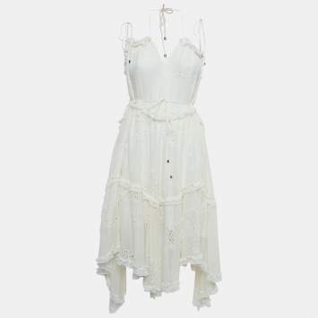 Pre Owned Zimmermann White Eyelet Silk Tie-Up Strap Asymmetric Dress M