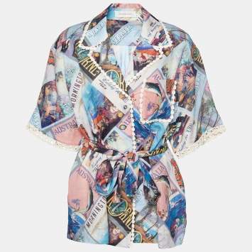 Pre Owned Zimmermann Multicolor Postcard Print Ramie Belted Shirt M