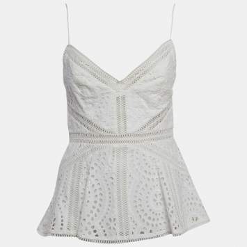 Pre Owned Zimmermann White Embroidered Cotton Shoulder Strap Cami Top M