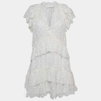 Pre Owned Zimmermann White Polka Dots Embroidered Ramie Tiered Mini Dress M