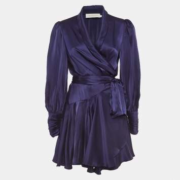 Pre Owned Zimmermann Blue Silk Satin Blouson Sleeve Mini Wrap Dress M