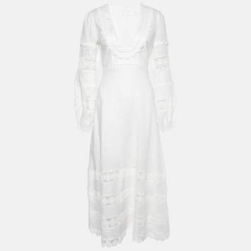 Pre Owned Zimmermann Ivory Linen & Lace Paneled Midi Dress S