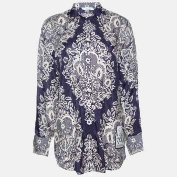 Pre Owned Zimmermann Navy Blue Floral Print Silk Shirt M