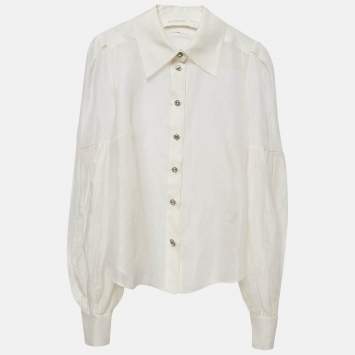 Pre Owned Zimmermann Off White Linen Detailed Button Pleated Sleeves Top XL