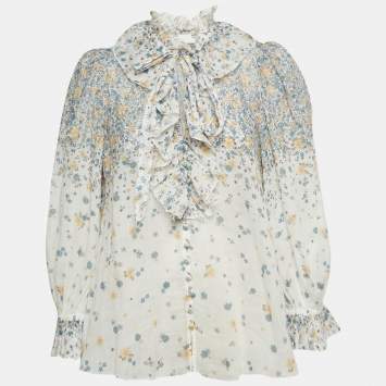 Pre Owned Zimmermann White Floral Printed Ramie Ruffled Neck Top L