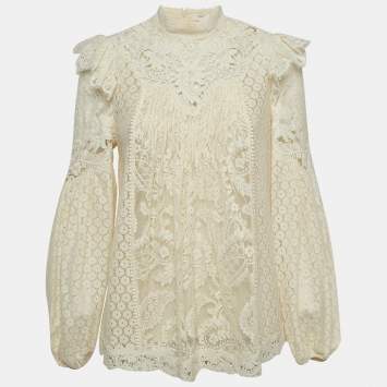 Pre Owned Zimmermann Off White Lace Ruffled Sleeve Top M