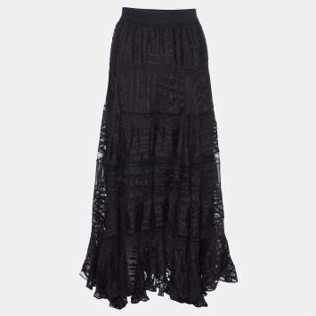 Pre Owned Zimmermann Black Patterned Silk Flared Midi Skirt S
