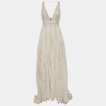 Zuhair Murad Off White Lace Trim Silk Pleated Gown and Feather Cape XS
