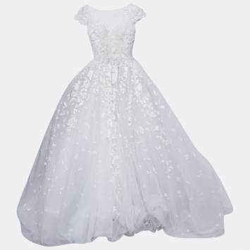 Pre Owned Zuhair Murad White Embroidered Silk Blend Tulle Wedding Gown S