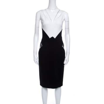 Pre Owned Zuhair Murad Monochrome Colorblock Lace Insert Sleeveless Dress S