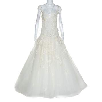 Pre Owned Zuhair Murad Mariage White Embroidered Embellished Tulle Wedding Gown M