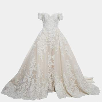 Pre Owned Zuhair Murad White Embroidered Tulle Wedding Gown M