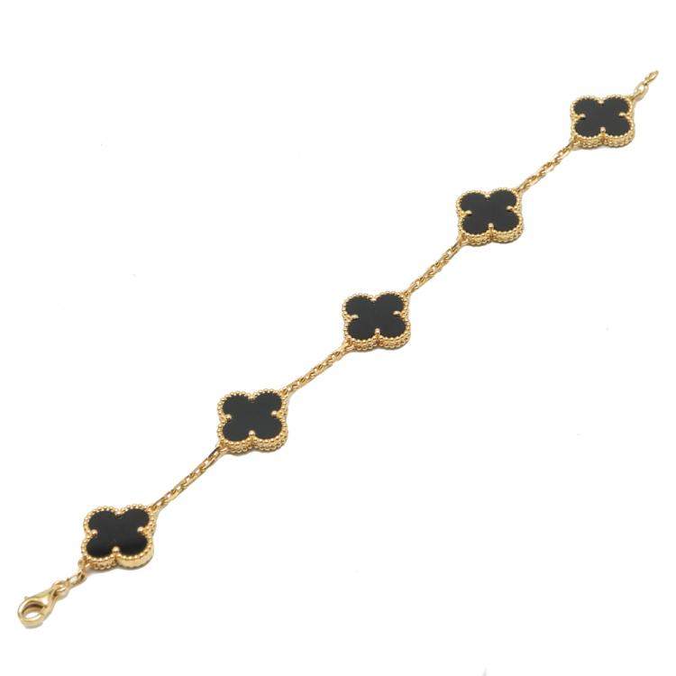 Pre Owned Van Cleef & Arpels Vintage Alhambra Onyx Yellow Gold Bracelet