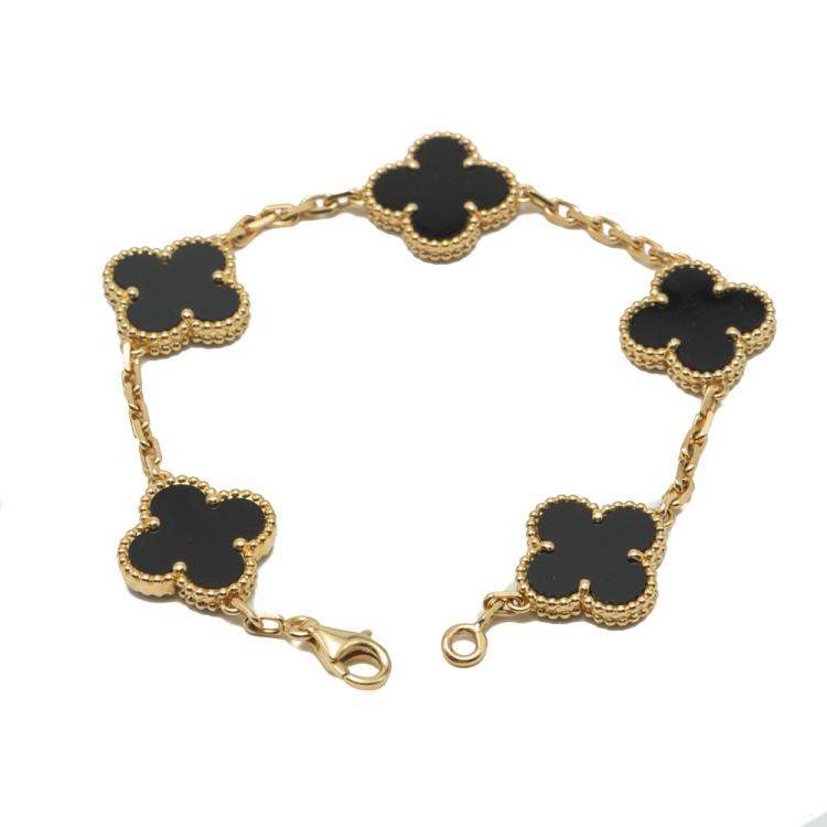 Pre Owned Van Cleef & Arpels Vintage Alhambra Onyx Yellow Gold Bracelet