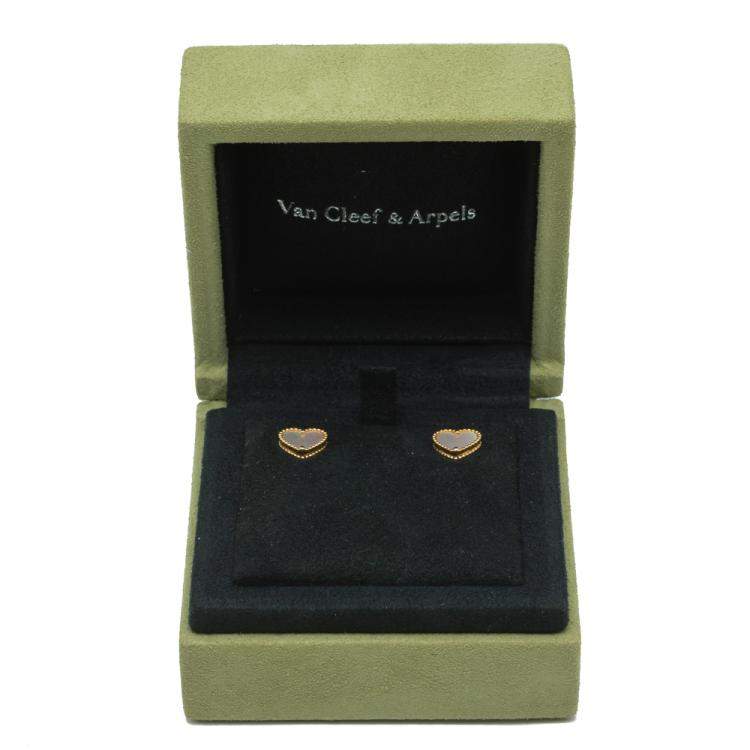 Pre Owned Van Cleef & Arpels Sweet Alhambra Hearts White MOP Yellow Gold Earrings