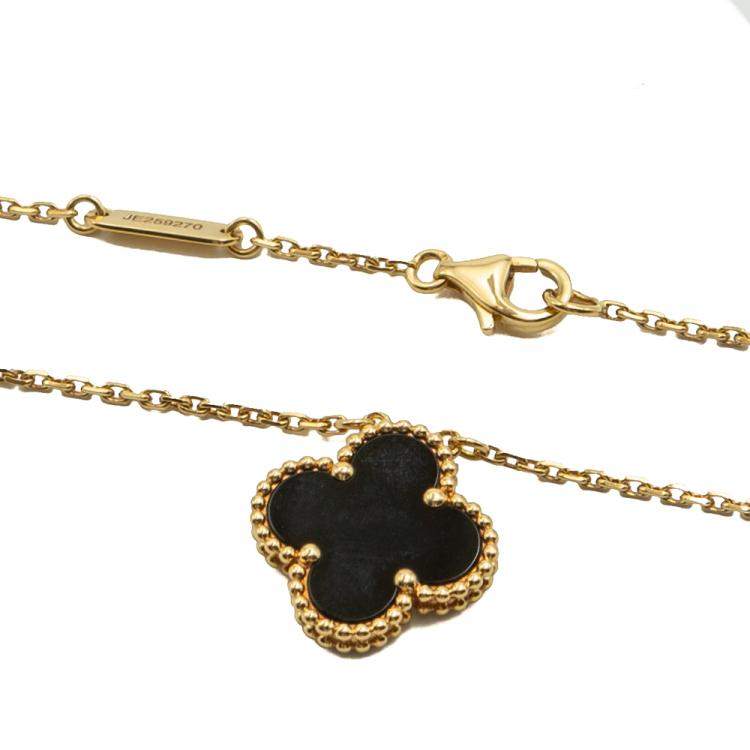 Pre Owned Van Cleef & Arpels Vintage Alhambra Onyx Yellow Gold Necklace