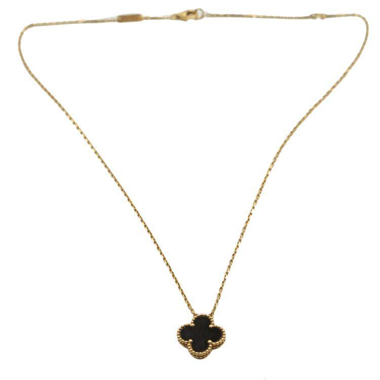 Pre Owned Van Cleef & Arpels Vintage Alhambra Onyx Yellow Gold Necklace