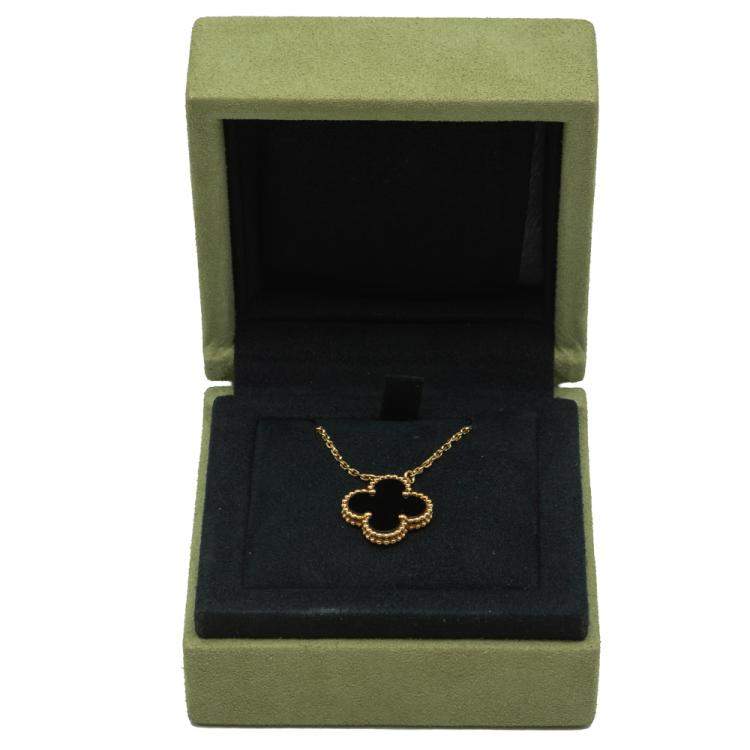 Pre Owned Van Cleef & Arpels Vintage Alhambra Onyx Yellow Gold Necklace